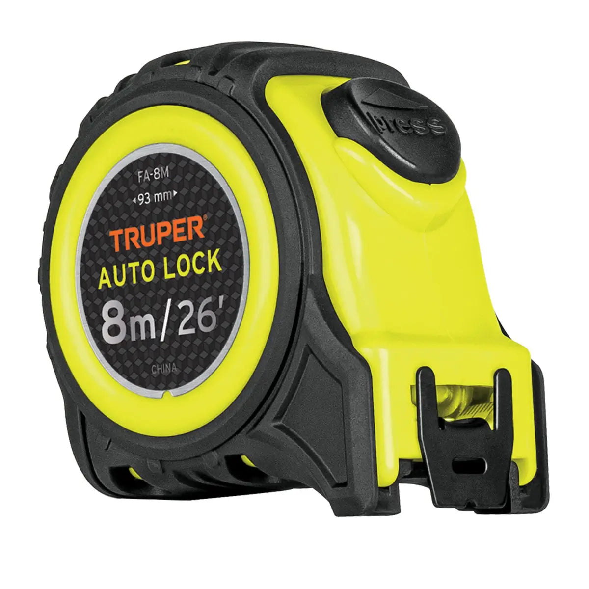Flexometro truper auto lock de usa rudo de 8 metros la cinta y 25 mm de ancho destinado para uso rudo