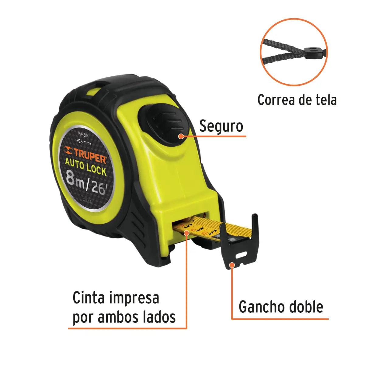 Flexometro truper auto lock de usa rudo de 8 metros la cinta y 25 mm de ancho destinado para uso rudo incluye un seguro para que venga la cinta, gancho doble y cinta impresa por ambos lados