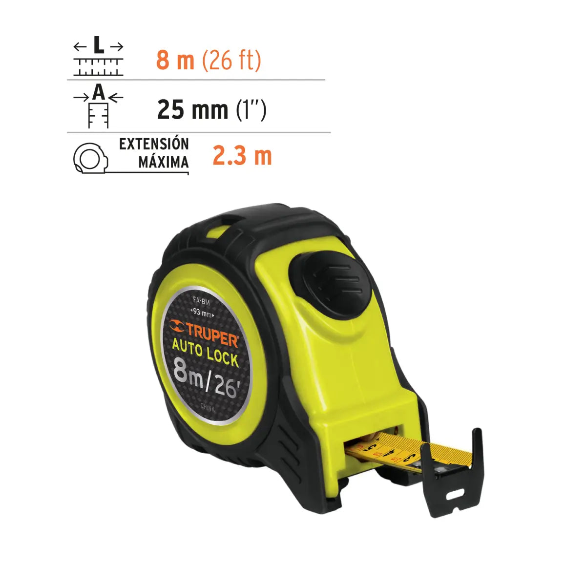 Flexometro truper auto lock de usa rudo de 8 metros la cinta y 25 mm de ancho destinado para uso rudo
