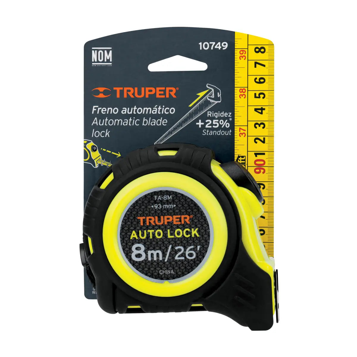 Flexometro truper auto lock de usa rudo de 8 metros la cinta y 25 mm de ancho destinado para uso rudo codigo 10749 marca truper