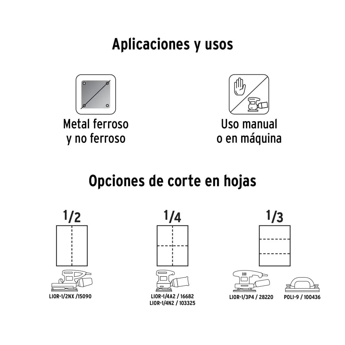 Aplicaciones y usos de una lija de esmeril para metales ferroso y no ferroso. Uso manual o en máquina. Opciones de cortes 1/2" 1/4" 1/3"