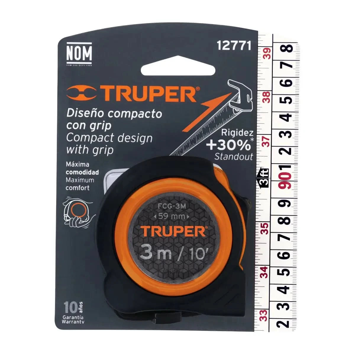 Flexómetro Truper 3M uso rudo con diseño compacto y cinta de 16mm resistente a impactos codigo 12771