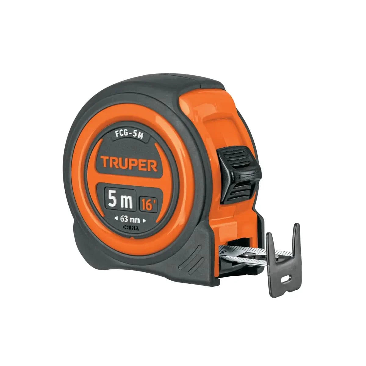 Flexómetro Truper 5M compacto, resistente a impactos, con cinta de 19mm impresa en ambos lados.
