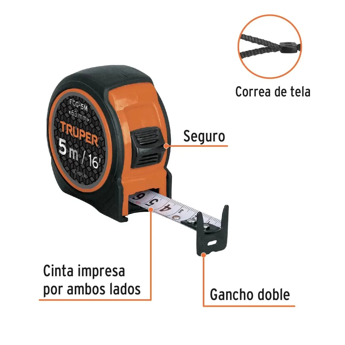 Flexómetro Truper 5M compacto, resistente a impactos, con cinta de 19mm impresa en ambos lados.