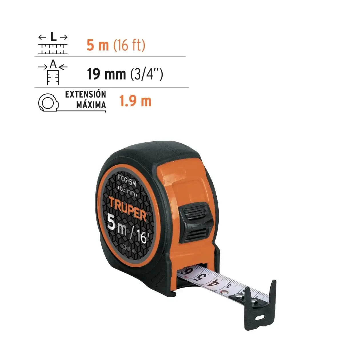 Flexómetro Truper 5M compacto, resistente a impactos, con cinta de 19mm impresa en ambos lados.