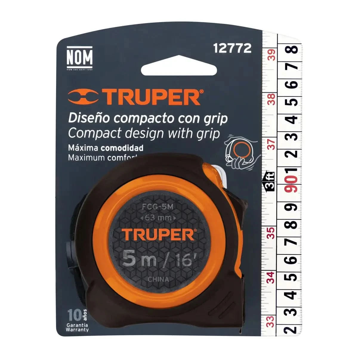 Flexómetro Truper 5M compacto, resistente a impactos, con cinta de 19mm impresa en ambos lados. Codigo 12772