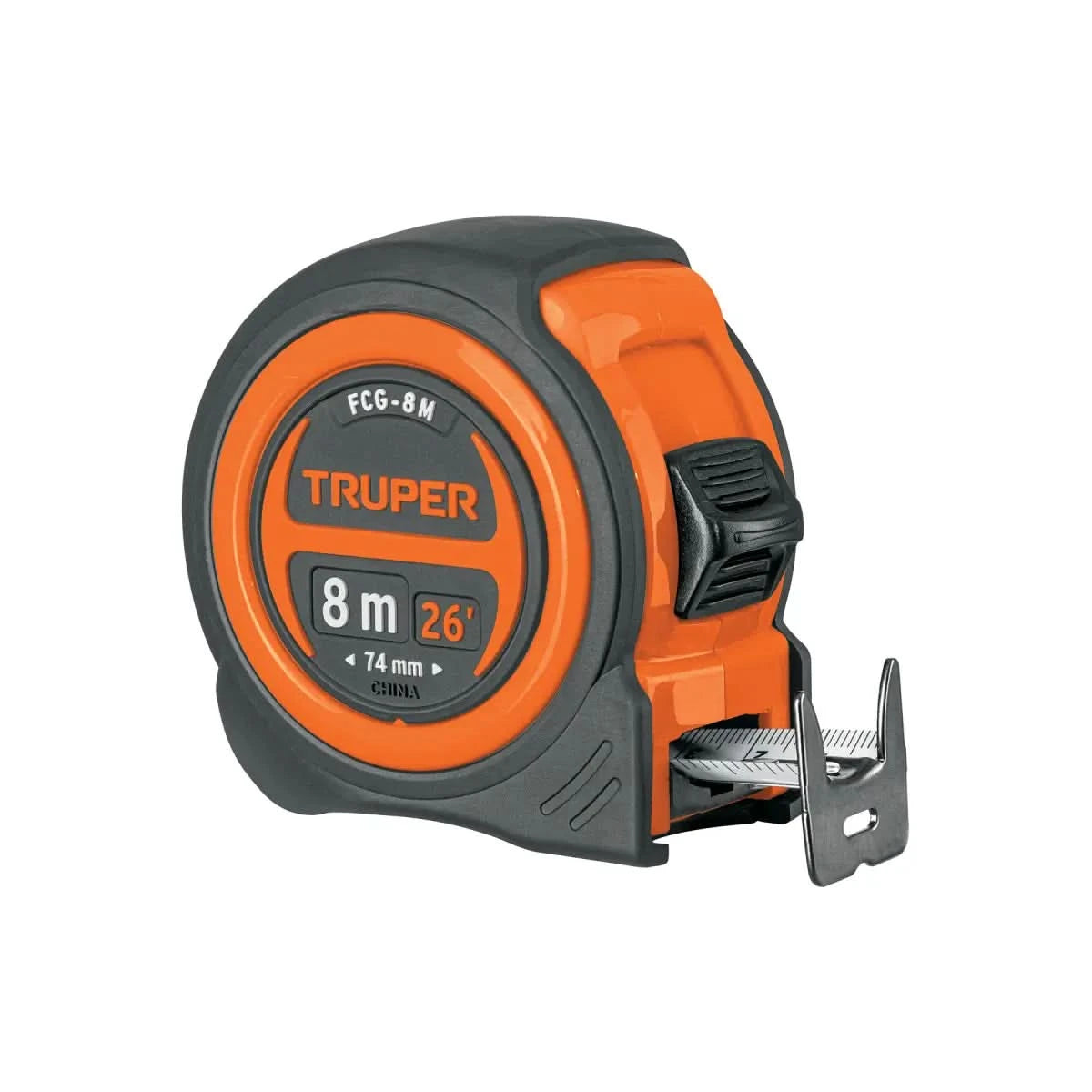 Flexómetro Truper 8M compacto, resistente a impactos, con cinta de 25mm impresa en ambos lados.