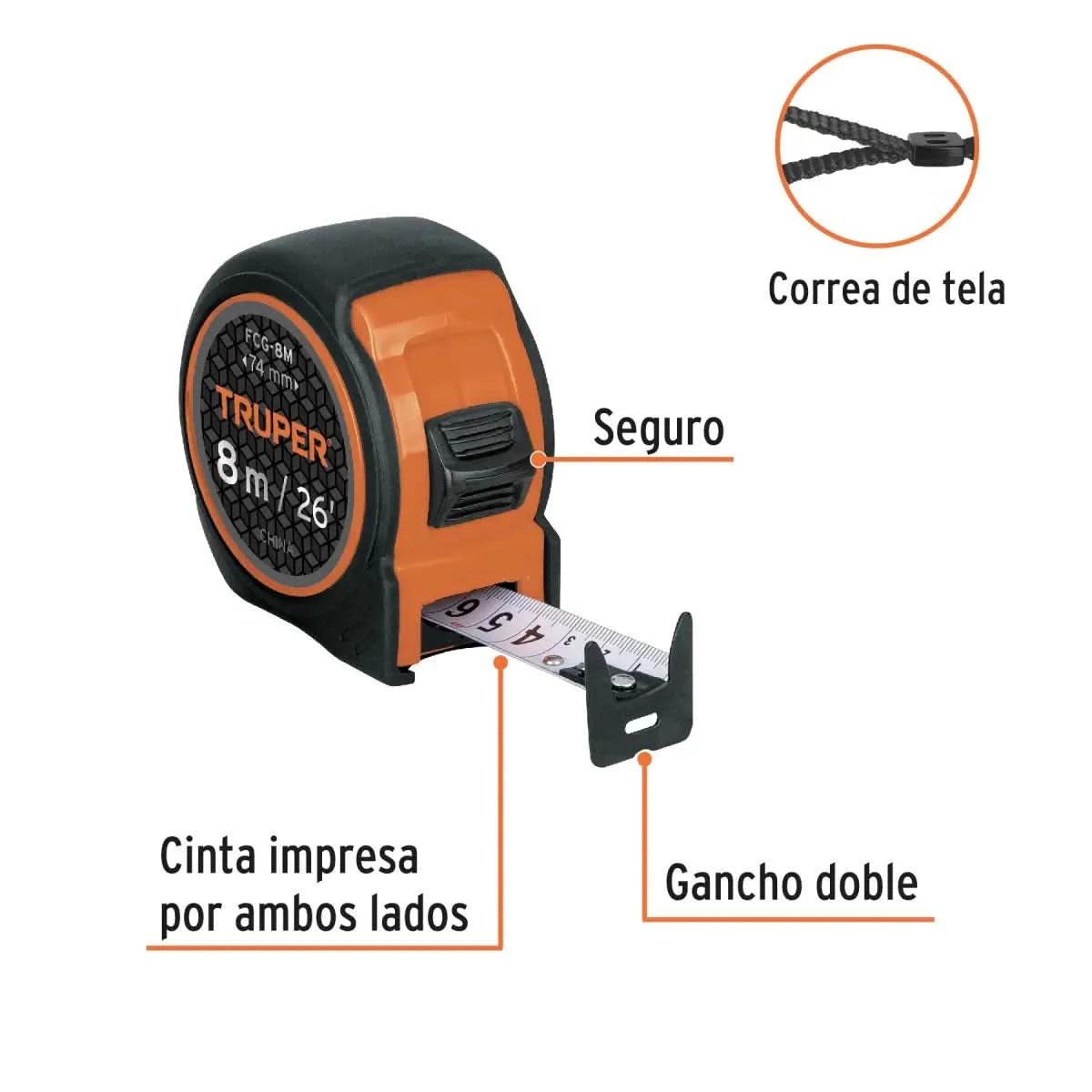 Flexómetro Truper 8M compacto, resistente a impactos, con cinta de 25mm impresa en ambos lados.