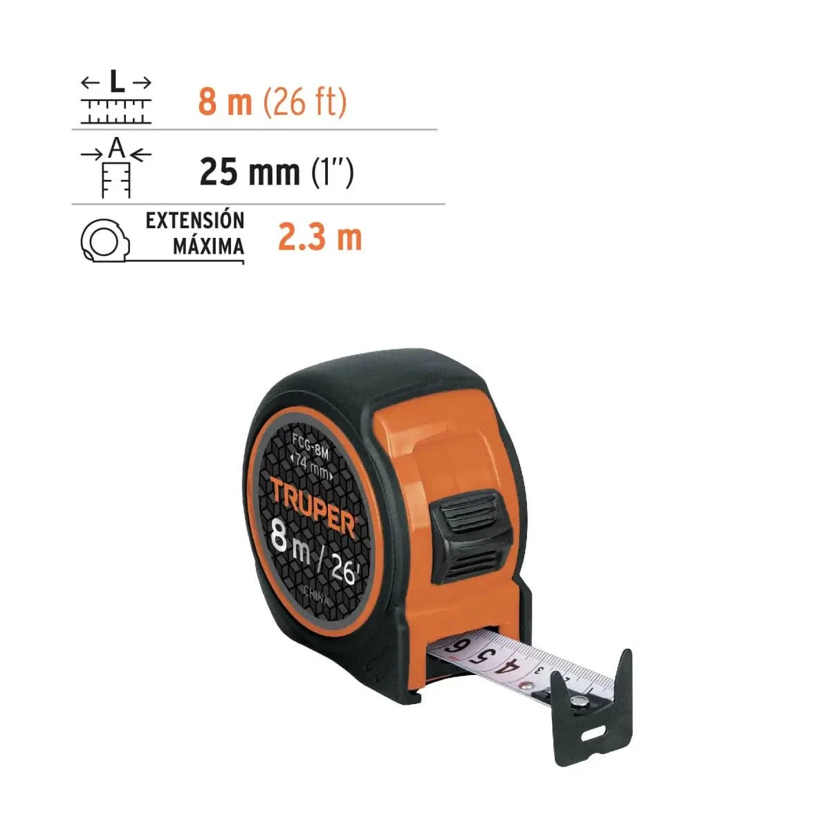 Flexómetro Truper 8M compacto, resistente a impactos, con cinta de 25mm impresa en ambos lados.