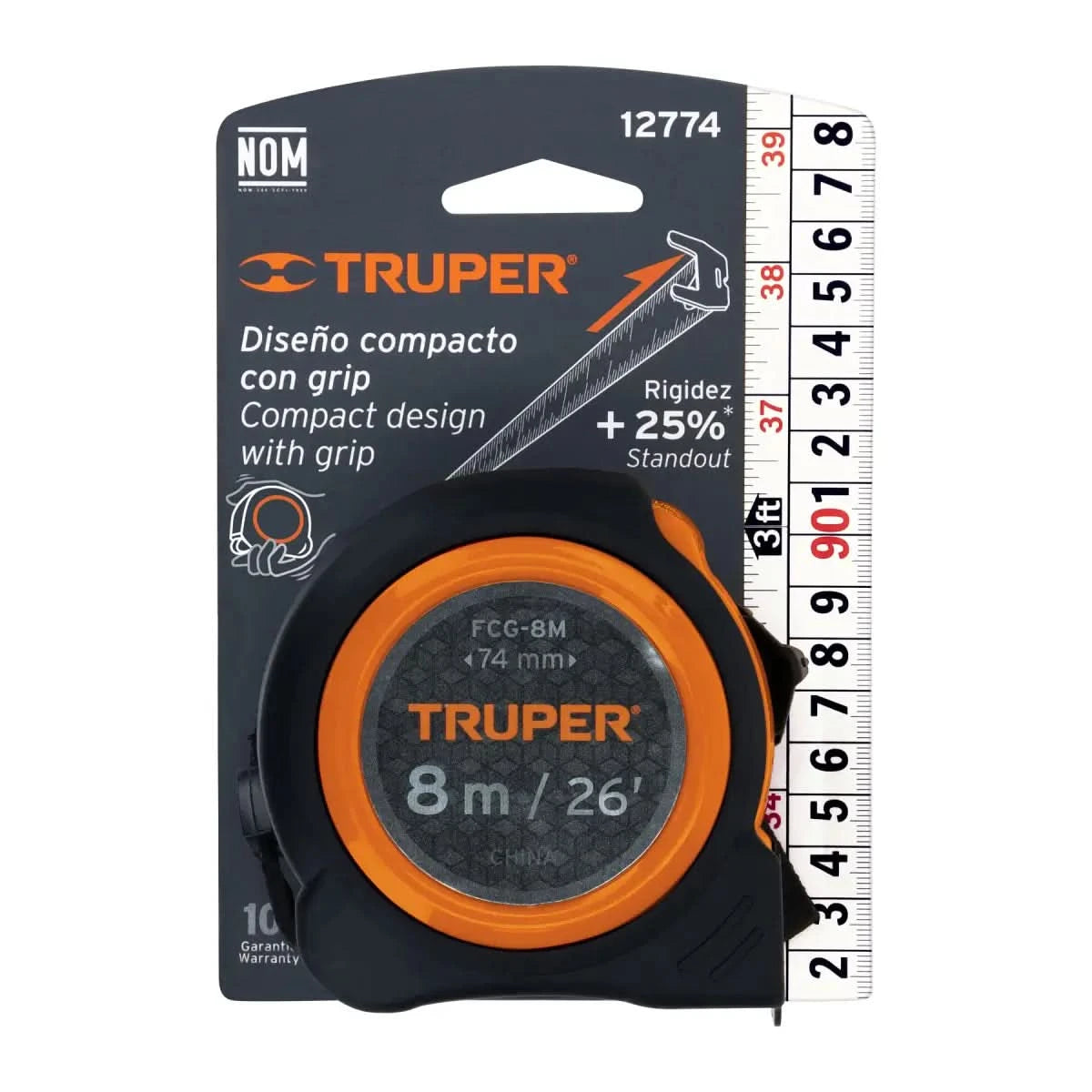 Flexómetro Truper 8M compacto, resistente a impactos, con cinta de 25mm impresa en ambos lados. Codigo 12774 marca Truper
