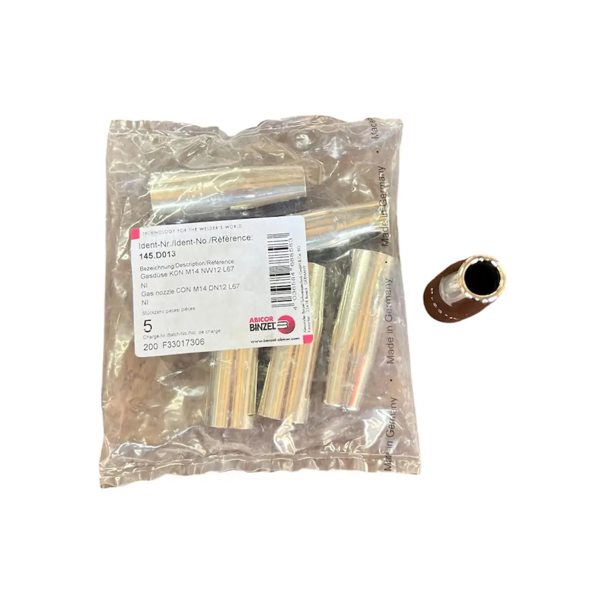 Se muestra una paquete de tobera de gas de 1/2" roscada codigo 145.D013 para la ALFA 2 antorcha MIG marca Abicor Binzel
