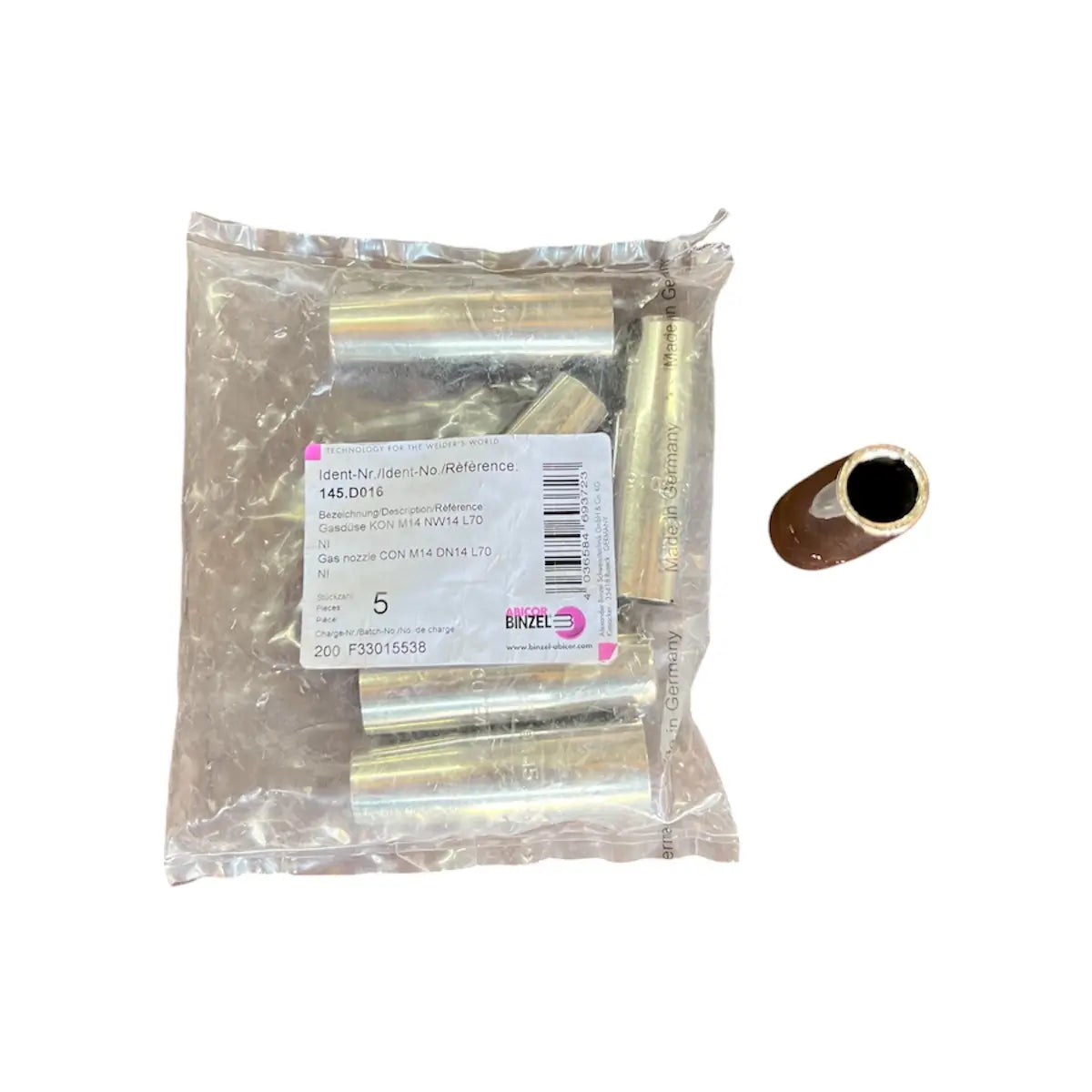 Se muestra una paquete de tobera de gas de 9/16" roscada codigo 145.D016 para la ALFA 2 antorcha MIG marca Abicor Binzel