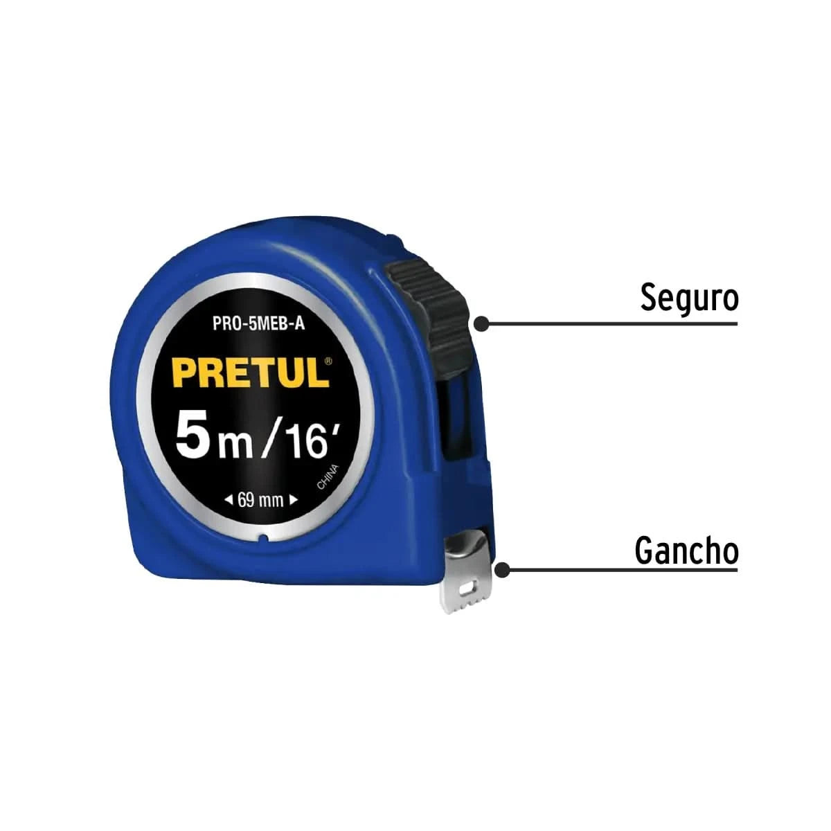 Flexómetro Pretul 5M azul, fabricado en ABS, con cinta blanca recubierta de laca para mayor durabilidad.