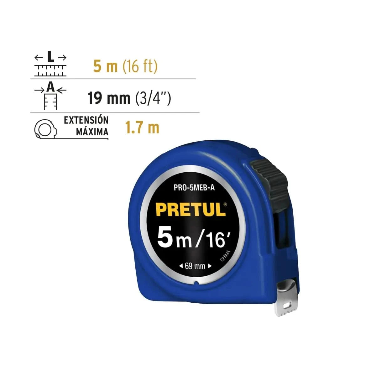 Flexómetro Pretul 5M azul, fabricado en ABS, con cinta blanca recubierta de laca para mayor durabilidad. Cosigo PRO-5EMB-A Clave 21610