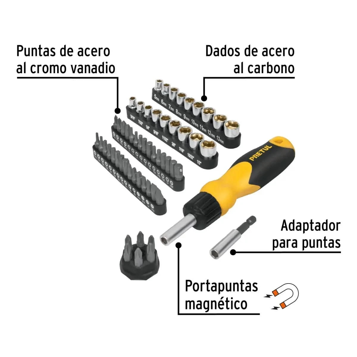 Desarmador tipo matraca con 35 puntas y 18 dados Pretul