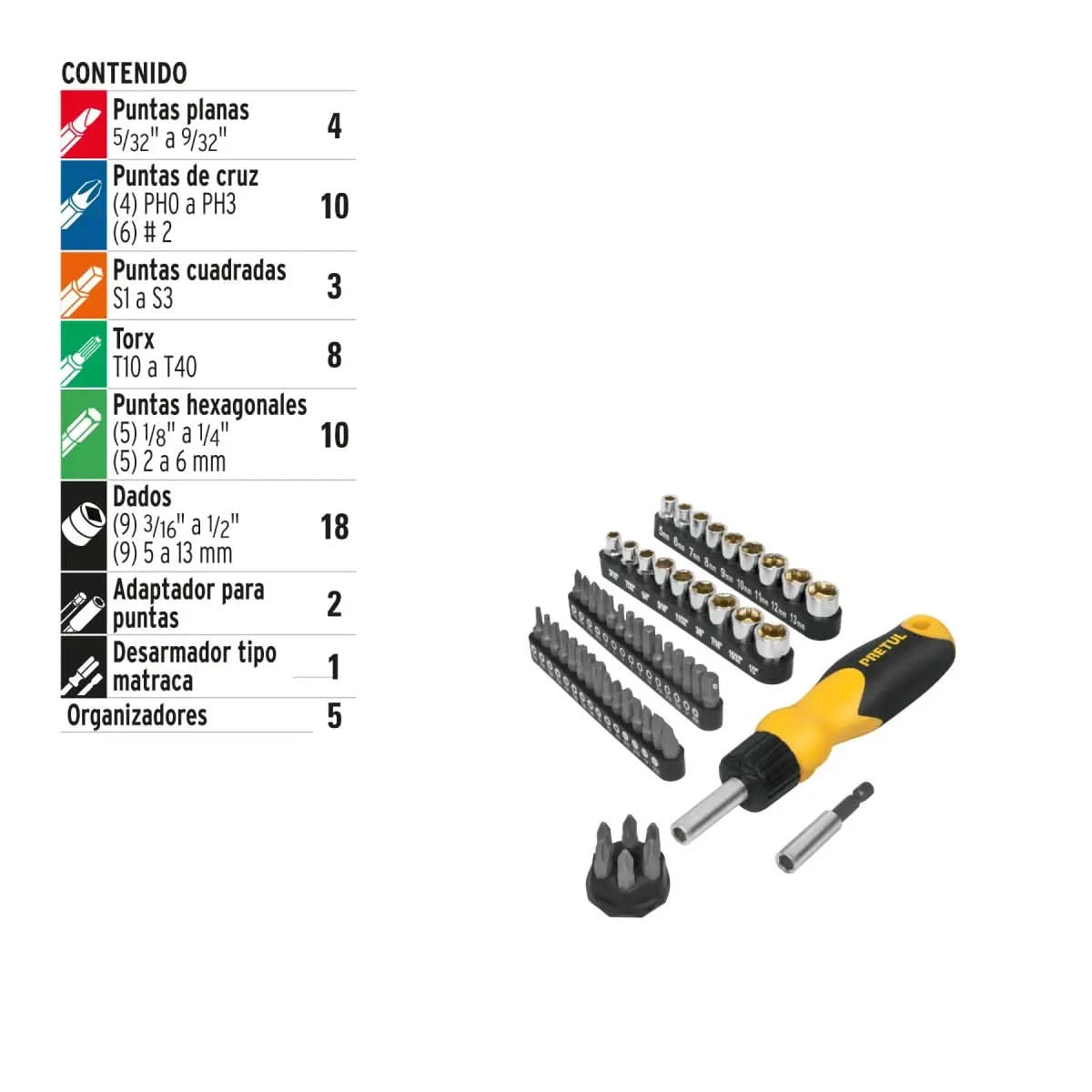 Desarmador tipo matraca con 35 puntas y 18 dados. 4 puntas planas, 10 puntas cruz, 3 puntas cuadradas, 8 puntas torx, 10 puntas hexagonales, 18 dados, 2 adaptadores para puntas y 1 desarmador tipo matraca pretul