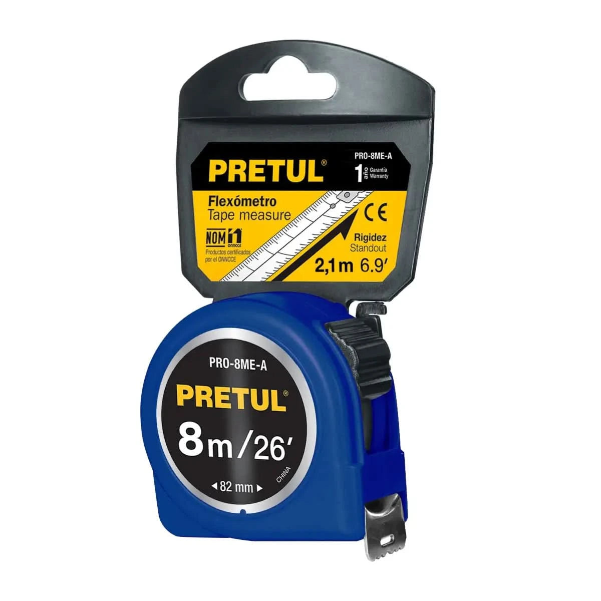 Flexómetro Pretul 8M azul, fabricado en ABS, con cinta blanca recubierta de laca para mayor durabilidad.
