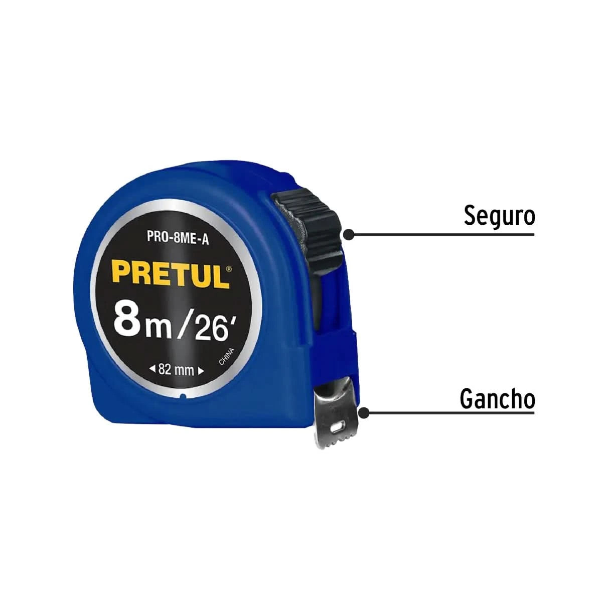 Flexómetro Pretul 8M azul, fabricado en ABS, con cinta blanca recubierta de laca para mayor durabilidad.