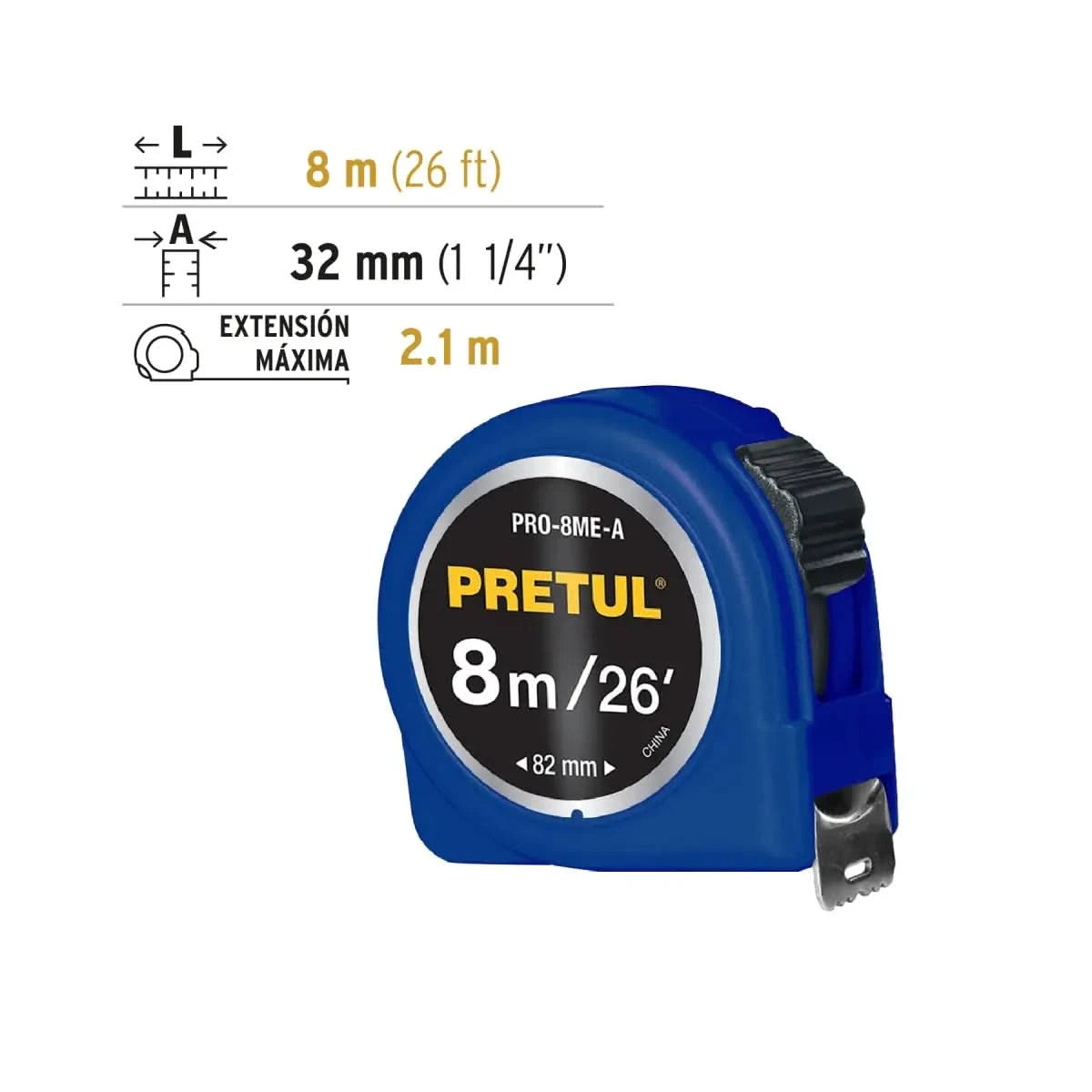 Flexómetro Pretul 8M azul, fabricado en ABS, con cinta blanca recubierta de laca para mayor durabilidad. codigo 29998