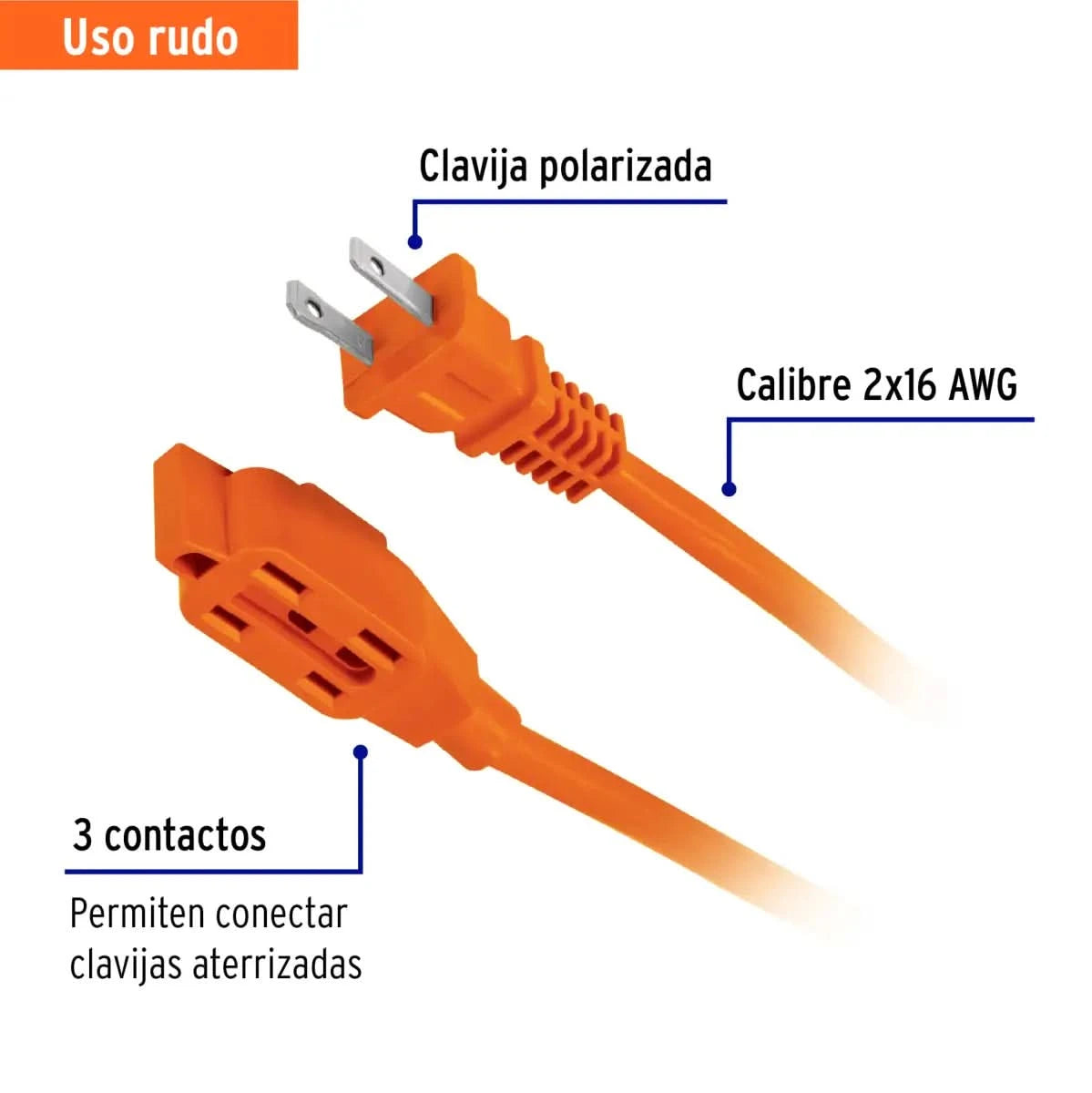Extensión eléctrica de uso rudo con clavija polarizada y 3 contactos