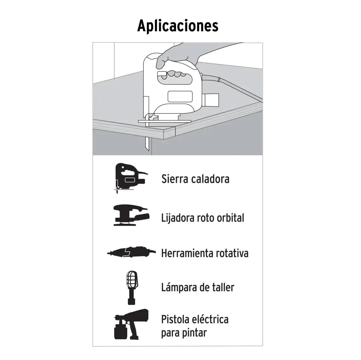 Aplicaciones de la extensión eléctrica de uso rudo, sierra caladora lijadora, lampara, pistola eléctrica para pintar