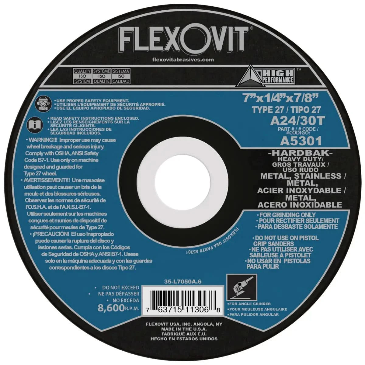 Disco de desbaste de la mejor calidad de 7", para desbaste excesos o cordones de soldadura, barreno de 7/8" marca Flexovit de alto rendimiento de la linea azul
