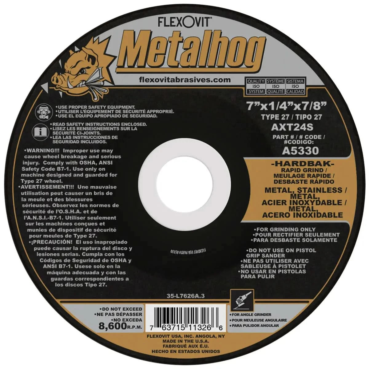 Disco de desbaste de la mejor calidad de 7", para desbaste excesos o cordones de soldadura, con un barreno de 7/8" marca Flexovit de la linea buena de Metalhog