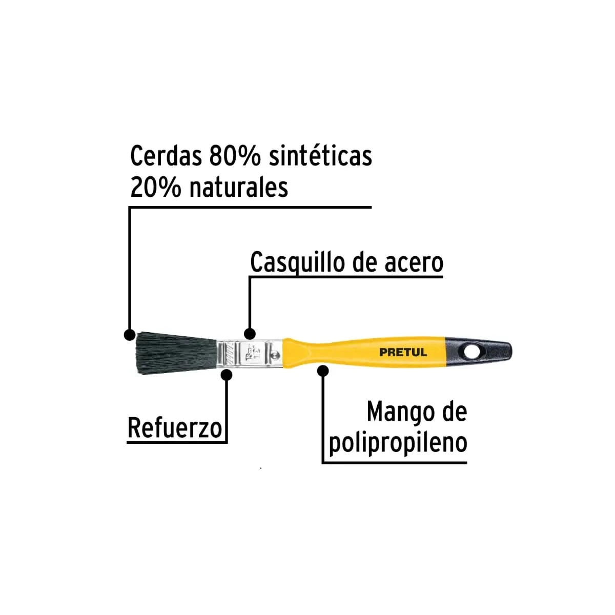 Broca para pintar 1/2" para acabado general de color amarillo con mango de plástico, cerdas 80% sintéticas 20% naturales, casquillo de acero, con refuerzo y mango de polipopileno marca pretul