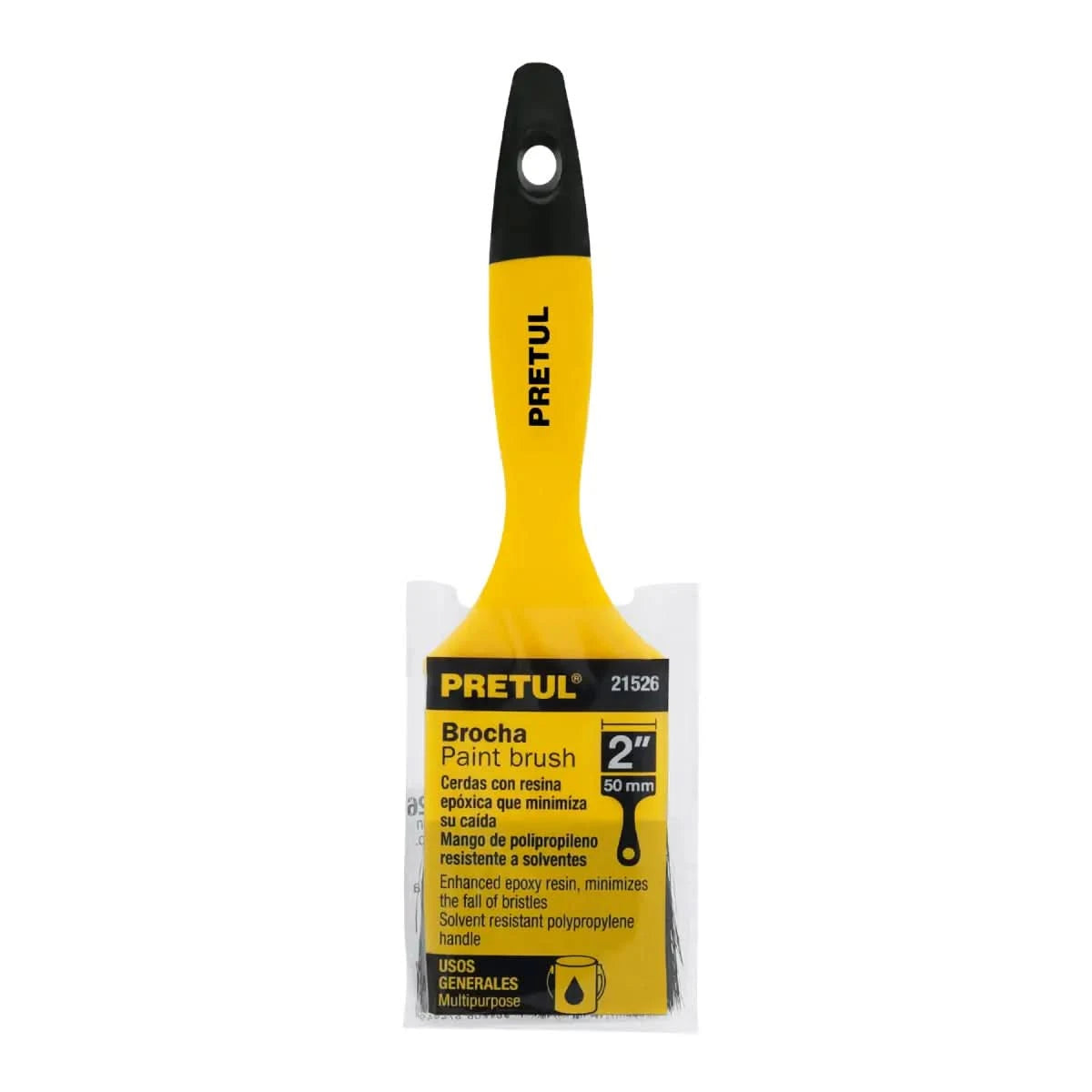 Broca para pintar 2" para acabado general de color amarillo con mango de plástico marca pretul