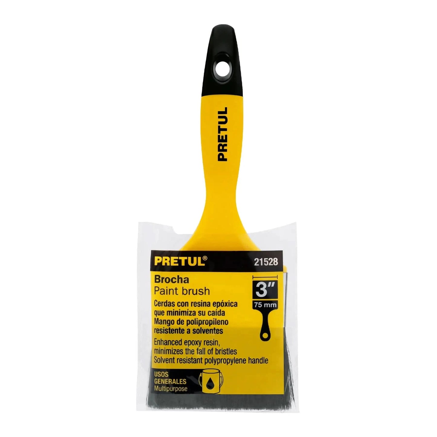 Broca para pintar 3" para acabado general de color amarillo con mango de plástico marca pretul