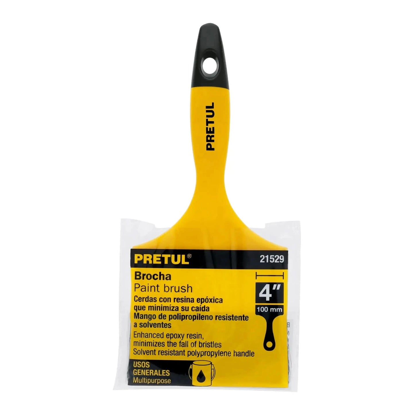 Broca para pintar 4" para acabado general de color amarillo con mango de plástico marca pretul
