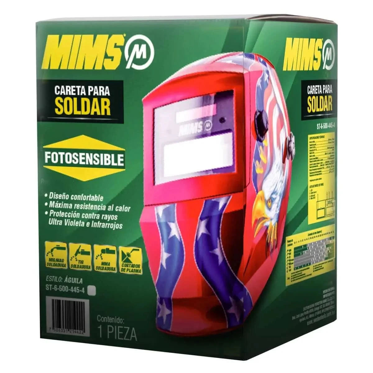Careta para soldar electrónica Mims estilo águila roja y azul ST-6-500-445 caja con información tecnica