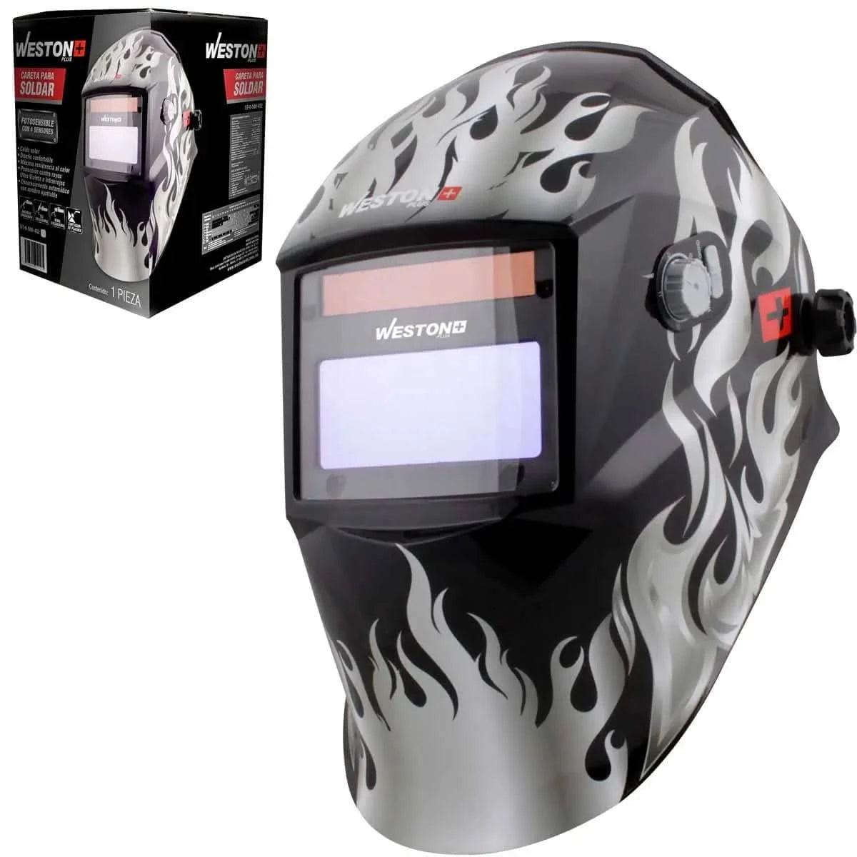Careta para soldar electronica con flamas blancas marca Weston Plus