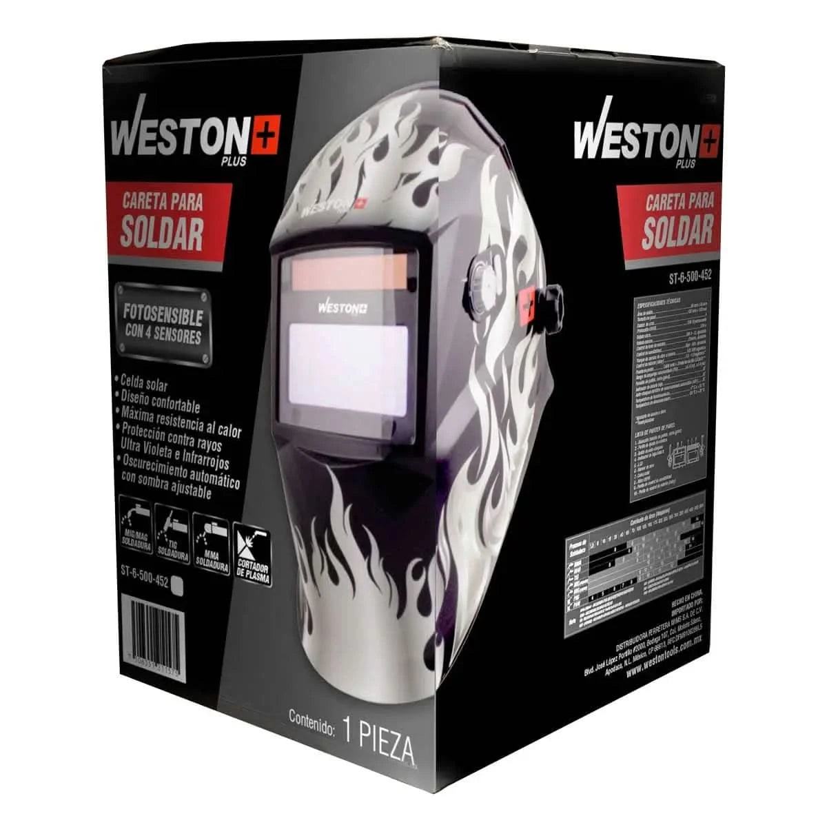 Careta para soldar electronica con flamas blancas marca Weston Plus en caja y con 4 sensores fotosensibles