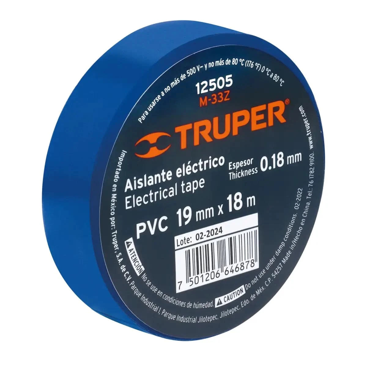 Cinta de aislar de color azul con un espesor de 0.18 mm y 19 mm x 19 m de PVC marca código 12505 truper