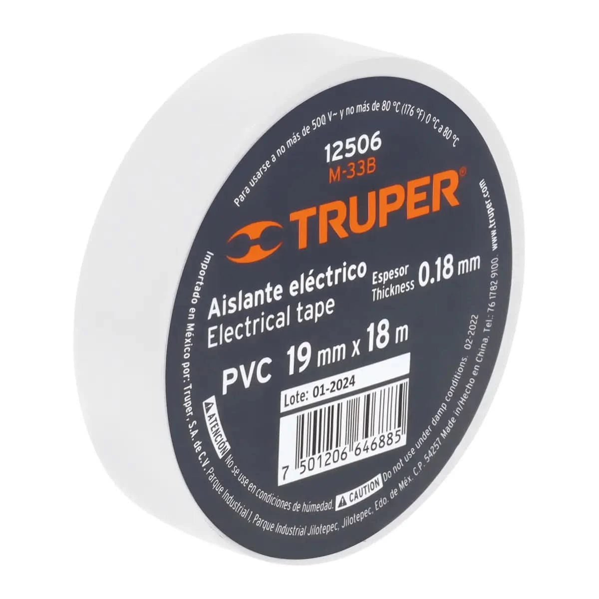 Cinta de aislar de color blanco con un espesor de 0.18 mm y 19 mm x 19 m de PVC marca código 12506 truper