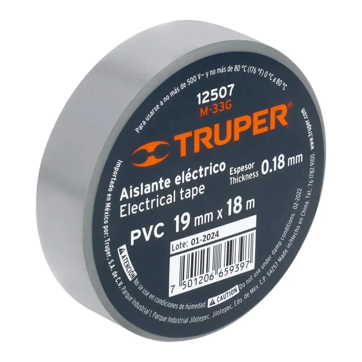 Cinta de aislar de color gris con un espesor de 0.18 mm y 19 mm x 19 m de PVC marca código 12507 truper