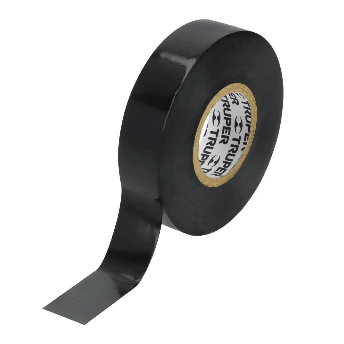 Se muestra un tira de una cinta de aislar de color negro con un espesor de 0.18 mm y 19 mm x 19 m de PVC marca código 12500 truper