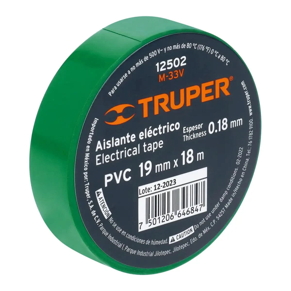 Cinta de aislar de color verde con un espesor de 0.18 mm y 19 mm x 19 m de PVC marca código 12502 truper