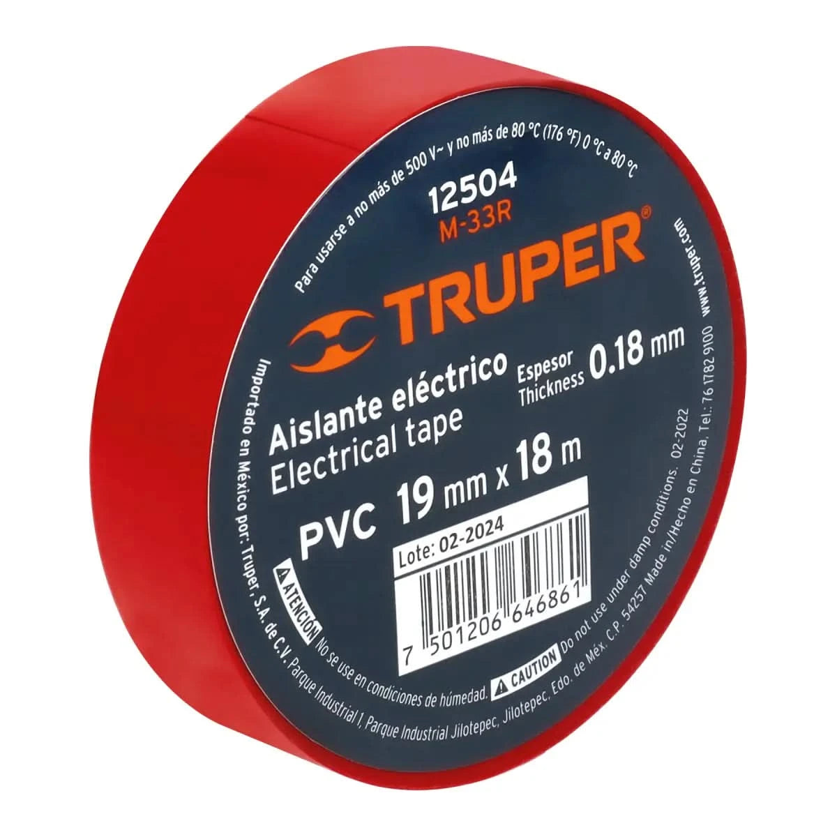 Cinta de aislar de color rojo con un espesor de 0.18 mm y 19 mm x 19 m de PVC marca código 12504 truper