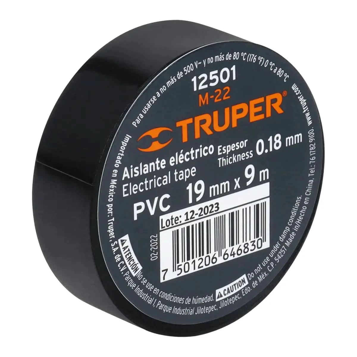 Se muestra un tira de una cinta de aislar de color negro con un espesor de 0.18 mm y 19 mm x 19 m de PVC marca código 12500 truper