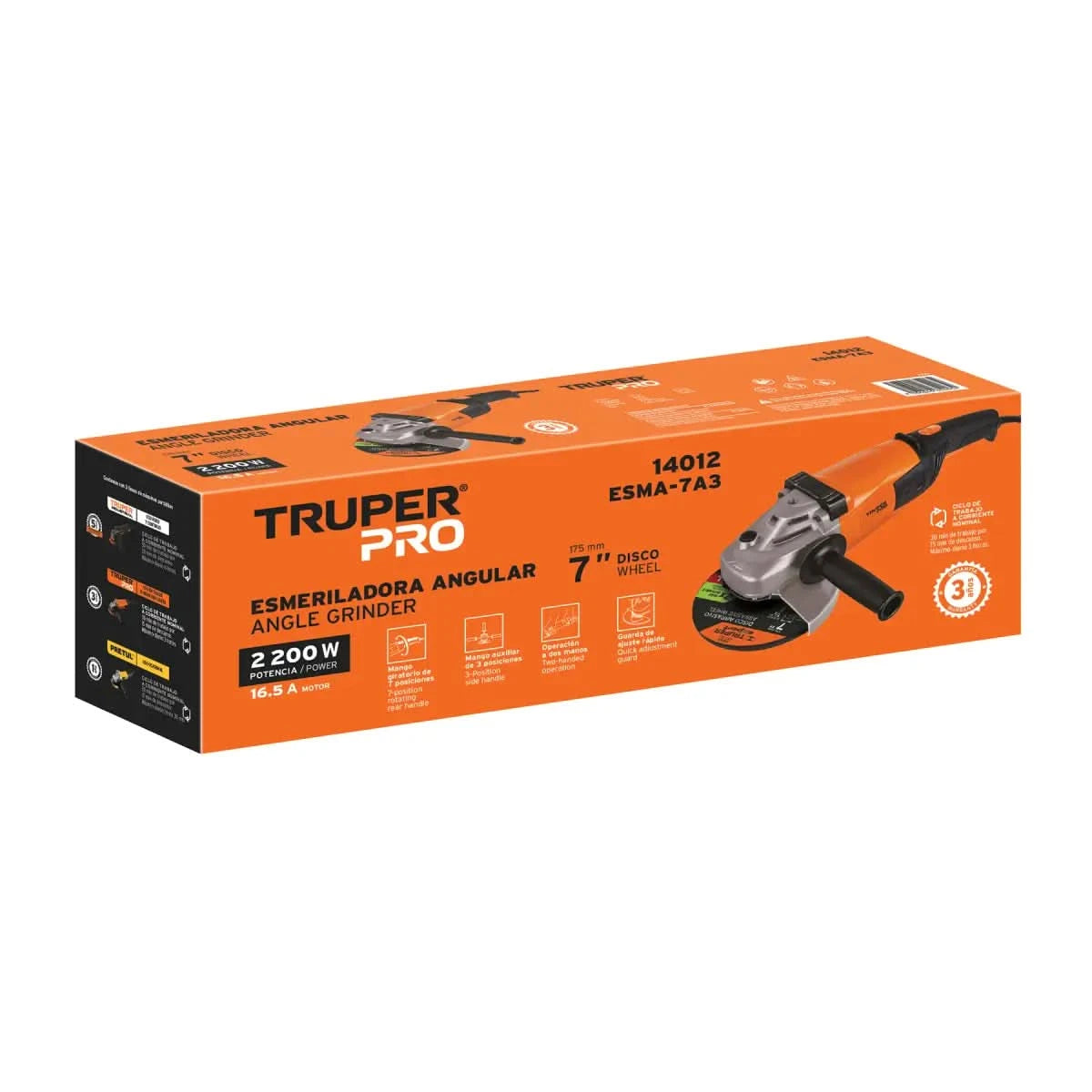 Esmeriladora angular marca Truper PRO para uso pesado 7 pulgadas de 2200 Watts codigo 14012 3 años de garantia