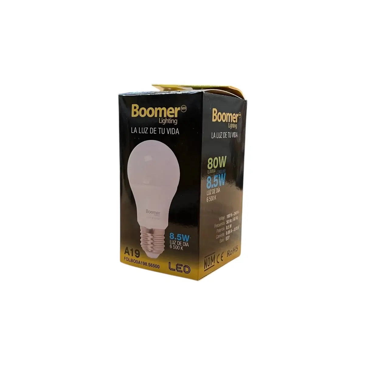 Foco ledd de 8.5 Watts con base e27 y A19 y para luz de dia marca Boomer Light