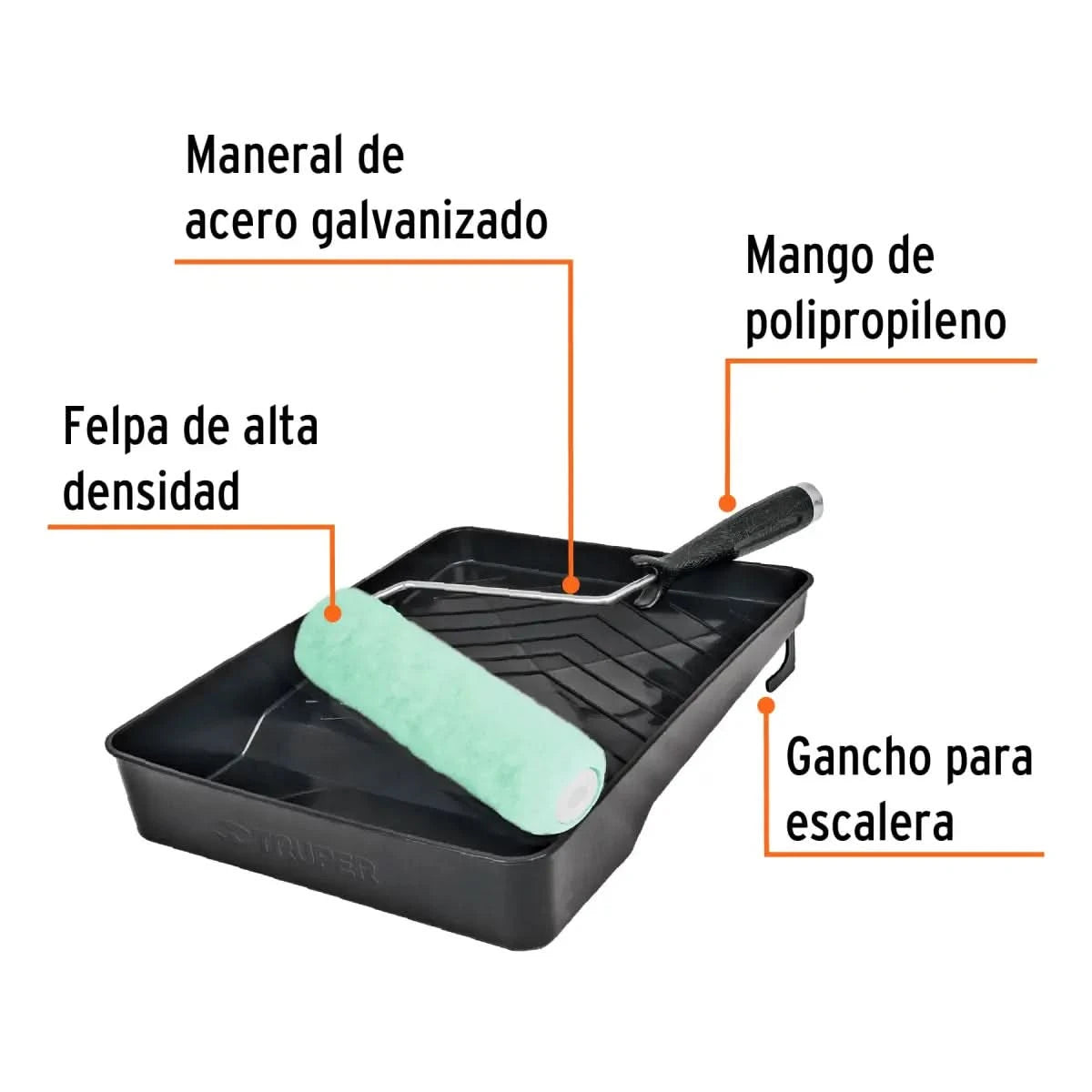 Kit rodillo incluye charola para pintar, maneral, rodillo de 9" para pintar, maneral de acero galvanizado, mango polipropileno, gancho para escalera, felpa de alta densidad marca truper