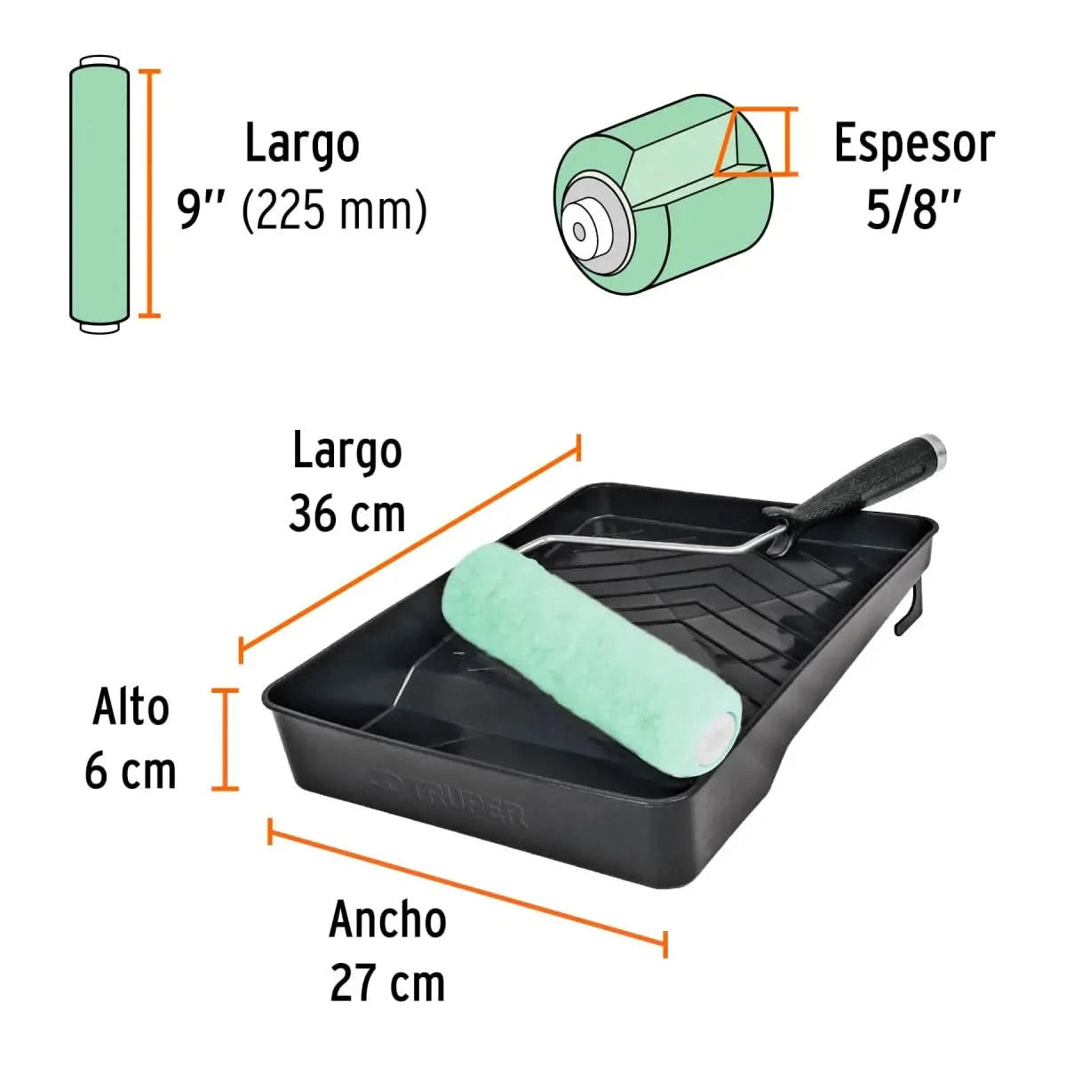 Kit rodillo incluye charola para pintar, maneral, rodillo de 9" para pintar el espesor es de 5/8" largo 36 cm, alto 6 cm y 27 cm ancho marca truper