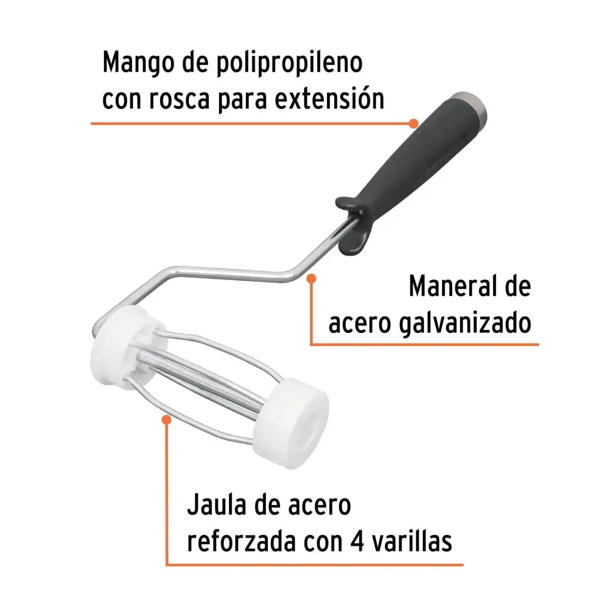 Maneral para minirodillo con jaula de largo 4" con mango de polipropileno con rosca para extensión, maneral de acero galvanizado y jaula de acero reforzada con 4 varillas marca truper
