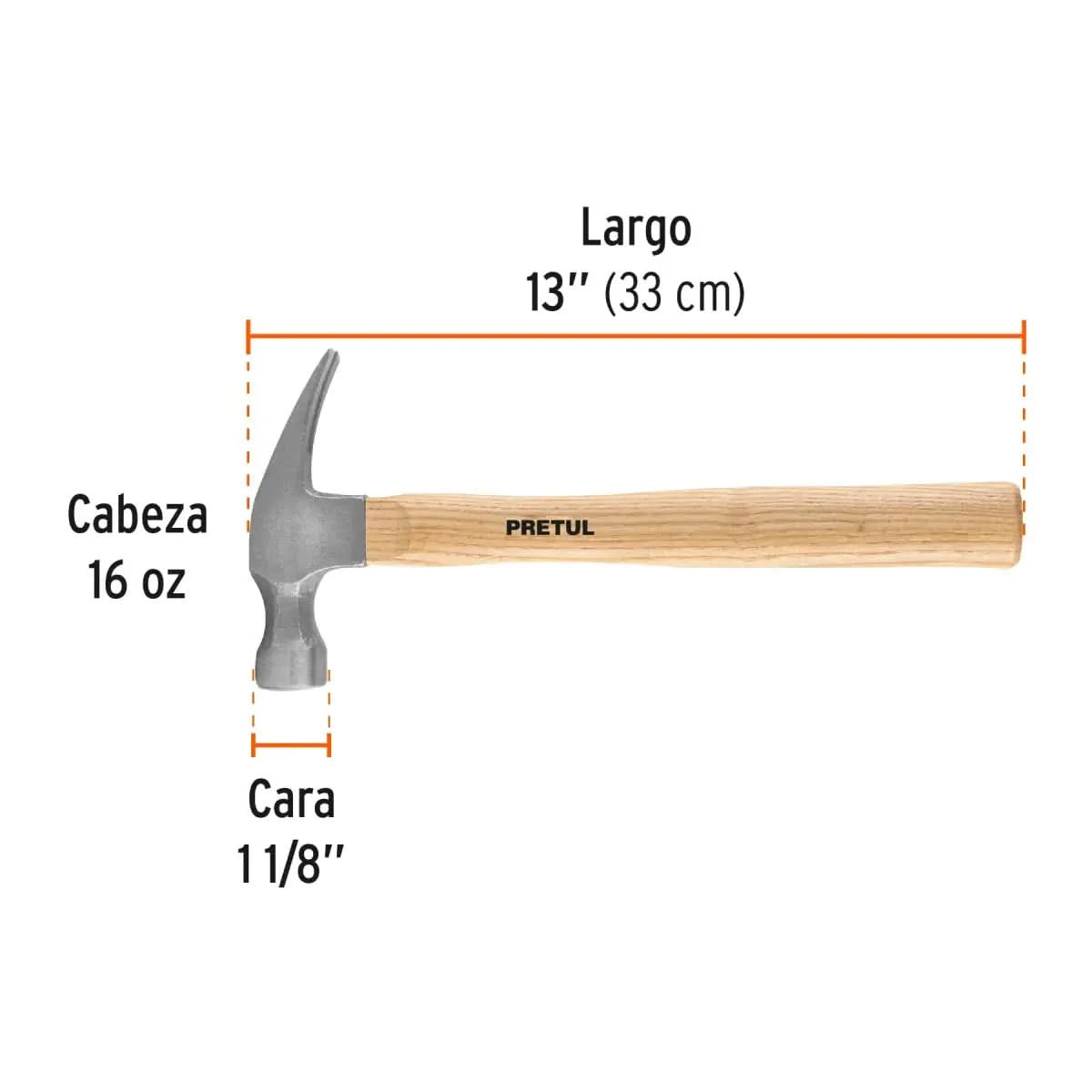 Martillo de carpintero uña recta 16 oz marca pretul largo de 13"