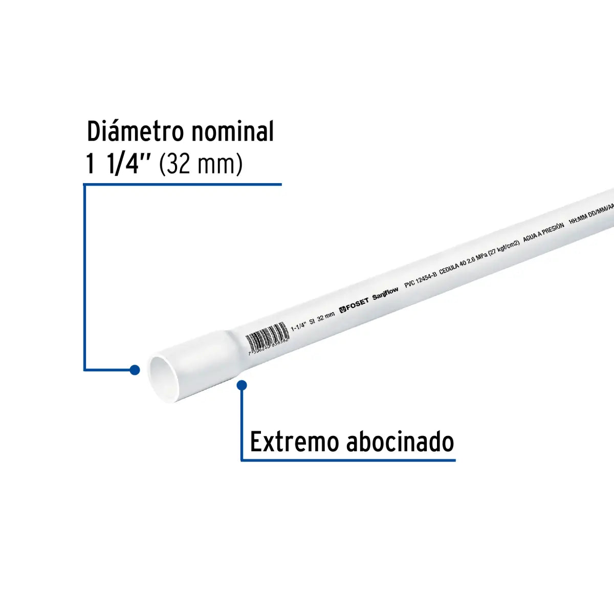 Tuberia de pvc 1-1/4" cedula 40 para agua marca foset