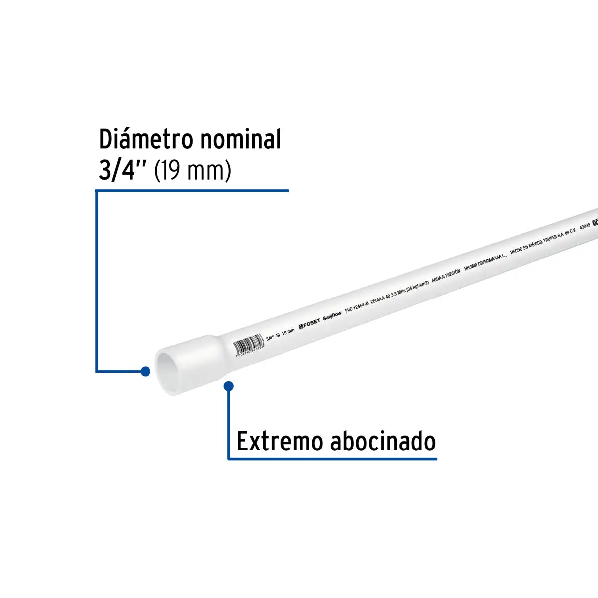 Tuberia de pvc 3/4" cedula 40 para agua marca foset