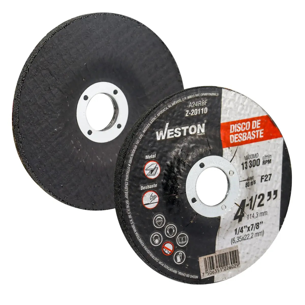 Disco de desbaste para desbastar cordones de soldadura o exceso de meta, disco de 4-1/2" con un barreno universal de 7/8" marca Weston